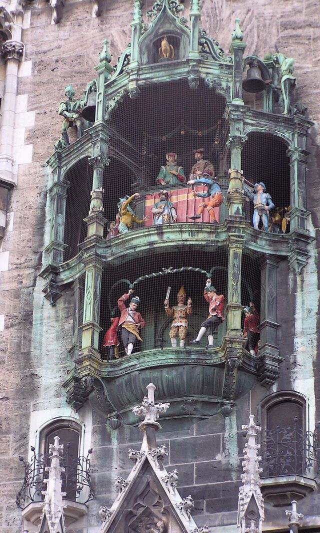 Close-up of the Glockenspiel at the Town Hall.  Every day at 11 a.m. (as well as 12 p.m. and 5 p.m. in summer) it chimes and re-enacts two stories from the 16th century to the amusement of mass crowds of tourists and locals. It consists of 43 bells and 32 life-sized figures. 