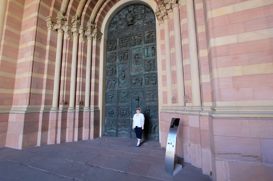 From a distance, it is hard to get a sense of how large the church is until you get closer....here my Mom is standing in front of the door to the church