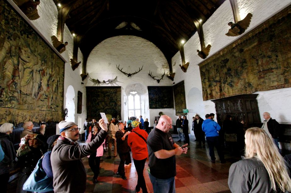 Inside Bunratty Castle. This is the center meeting hall. A fire would have been created in the center of the floor and the smoke would escape straight up through a hole in the ceiling.