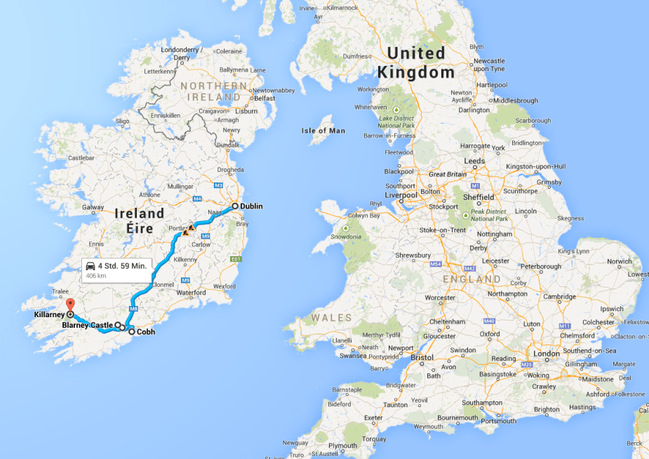 Our route traveled during the day of Thursday, October 2nd. 2 hour train from Dublin to Cork, and then a tour bus to Cobh and to Killarney