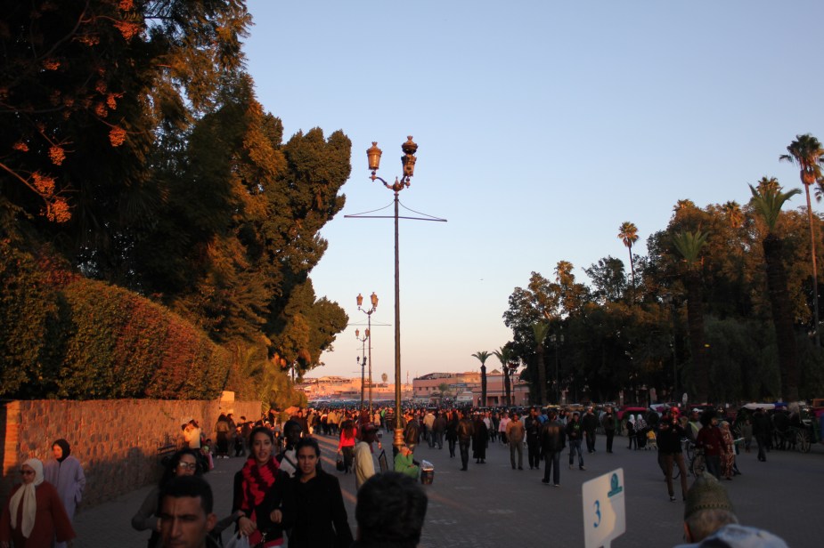 After lunch, we walked to the Souk which is an open-air market. And, the one in Marrakesh is the largest in North Africa. The closer we walked the more sounds of people and music became louder. — at Marrakech.