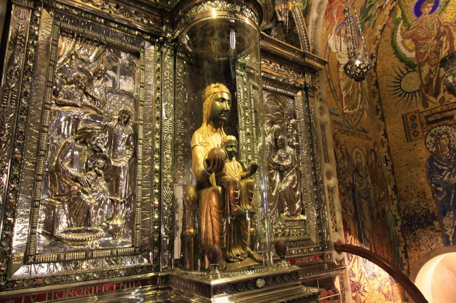 One of the most famous items here is this statue called the "Black Madonna" or "Black Virgin". She was originally carved from wood in Jerusalem at the beginning of Christianity, and then later moved here in the 8th Century. She is 38" tall an sits in a pose called "the throne of wisdom". In one hand, she holds a sphere representing the universe and the other the baby Jesus. She sits above the altar that is 90 stair steps up. The custom is to walk by, kiss the sphere, hold your hand open to Jesus and a miracle will be bestowed upon you. Because of this, this is a famous pilgrimage site for people.