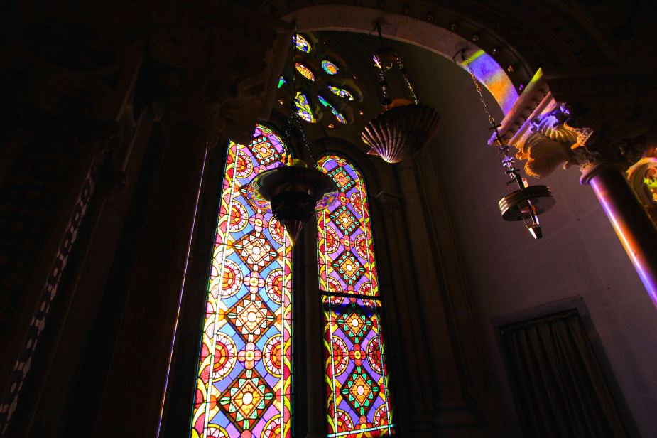 Beautiful stain glass windows and with the bright sun shining in, the room was full of colors as if you were standing inside of a prism