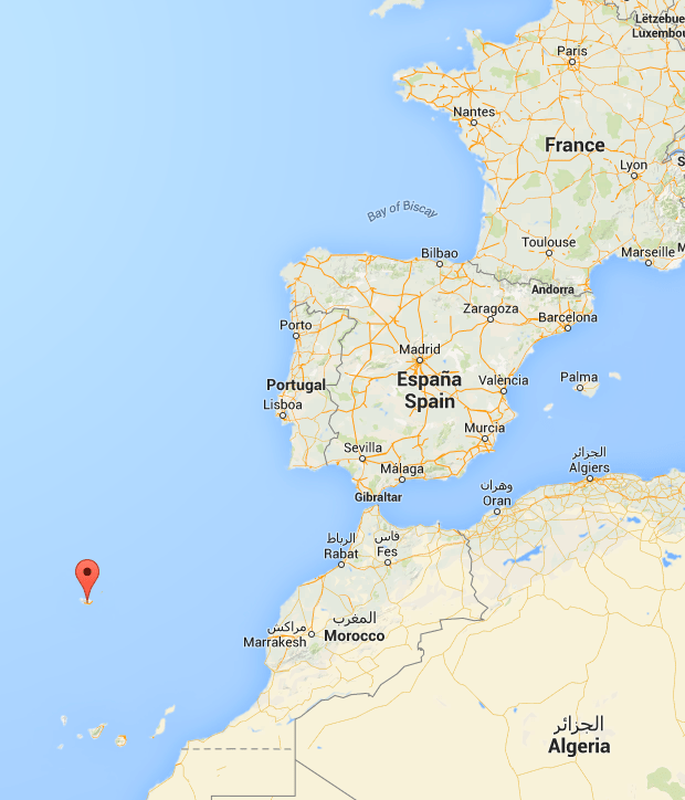 The location of Madeira in relationship to Africa + Europe