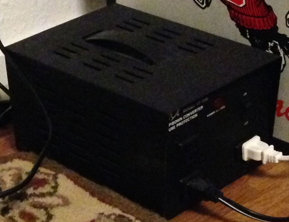 Step-up/down transformer. It has an European electric plug to connect into the wall, and then American outlets in the front that we can plug those electric devices that are not dual voltage. NOTE: research the size transformer you needed based on what will be plugged into it.