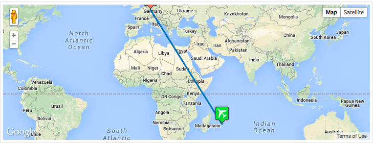 We found a direct flight between Frankfurt, Germany to Mauritius on Condor Airlines. Even though it was direct, the flight still took 11 hours. Mauritius is above the Tropic of Capricorn in the Southern Hemisphere, and about 1200 miles east of the continent of Africa (or about 500 miles east of the larger island nation of Madagascar). Time Zone difference (from Germany it is 2 hours ahead, from the East Coast of the US, it is 8 hours ahead).