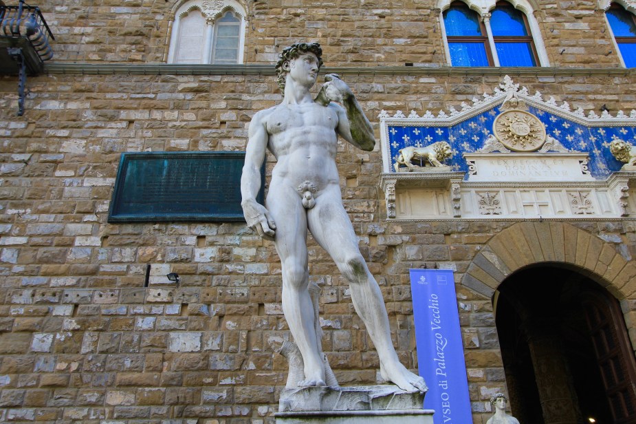 At the Palazzo Vecchio, which is a castle built by the ruling Medici family in the 13th Century. The building is now the Town Hall. Outside the entrance stands a replica of the Statue of David by Michelangelo.