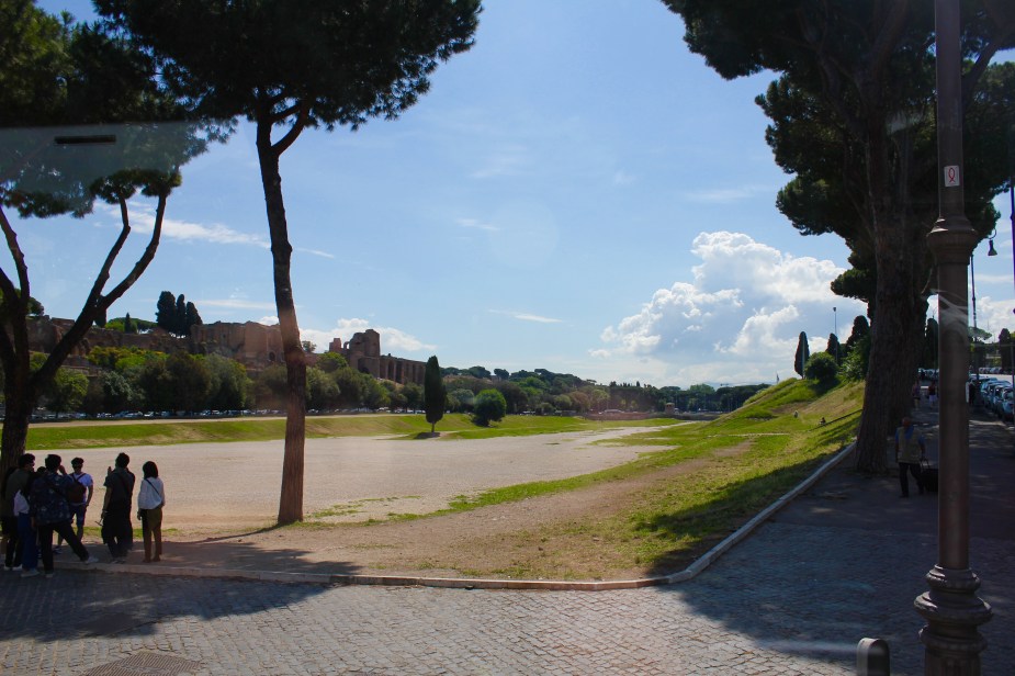 The Circus Maximus...the largest sports arena in Rome, where the famous chariot races were held. About 2,000 feet in length & 400 feet in width (almost a mile long oval track). Along the banks, there was room to hold about 150,000 people to watch. Built about 200 BC. Today, it is an open air park that still holds events. (Read where the Rolling Stones held a concert here for 73,000 people in 2014)