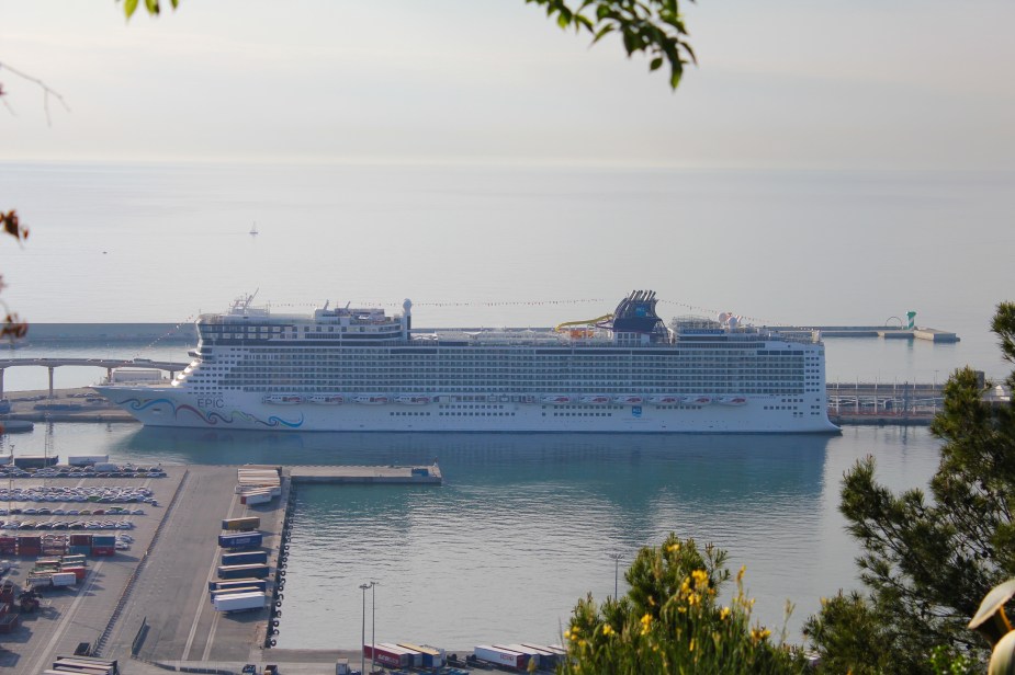 A view of our cruise ship (Norwegian Epic) from the Olympic Stadium