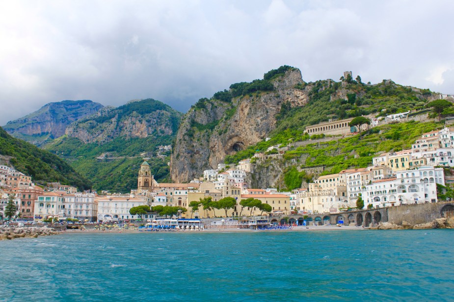 View from the boat along the Amalfi coastline to the city of Salerno