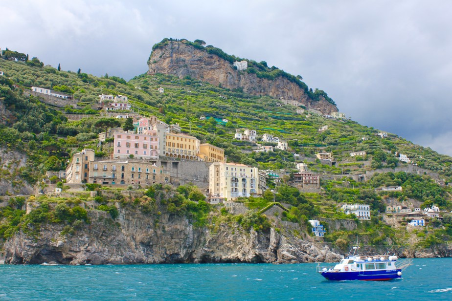 View from the boat along the Amalfi coastline to the city of Salerno