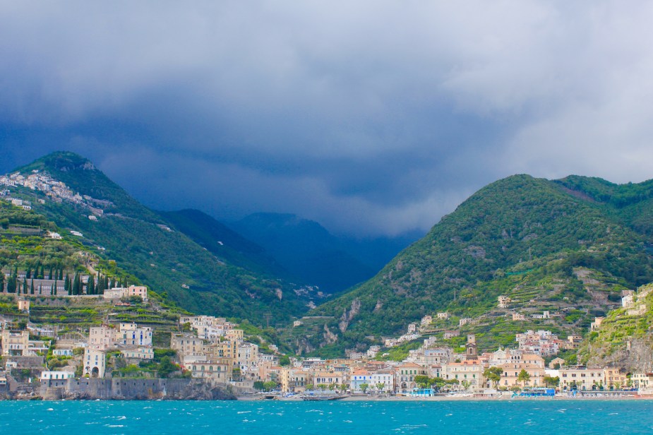 View from the boat along the Amalfi coastline to the city of Salerno