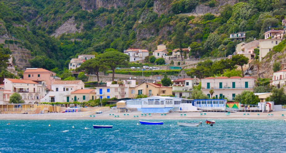 View from the boat along the Amalfi coastline to the city of Salerno