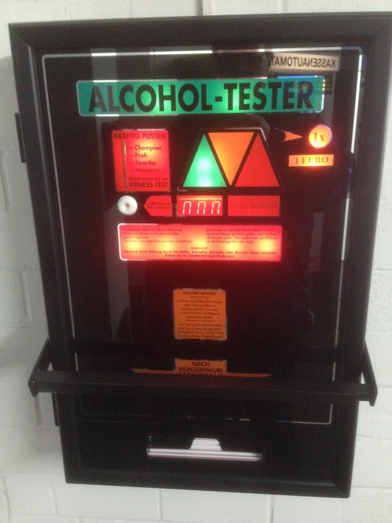 In some parking decks beside where you would pay for your parking, you can find an "Alcohol Tester". For 1 Euro, you use the straw in the bottom tray and blow into the hole on the left side of the machine. The machine then determines your blood-alcohol level. "Green" means you are okay to drive, "Yellow" means you should not drive, & "Red" means you fail and definitely should not drive. The legal limit to drive is under 0.03 (versus 0.08 in the US)